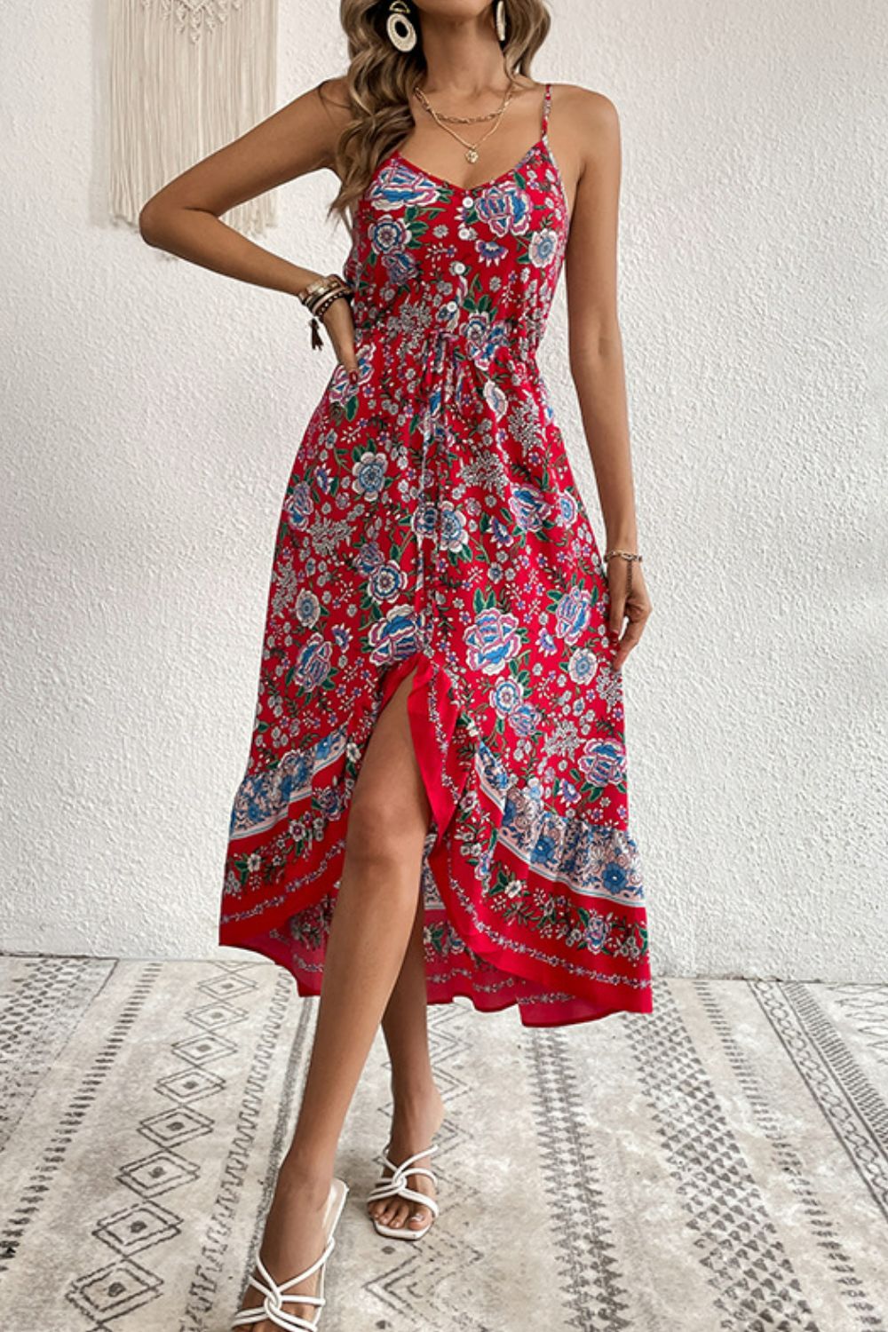 Bohemian Decorative Button Dress Floral