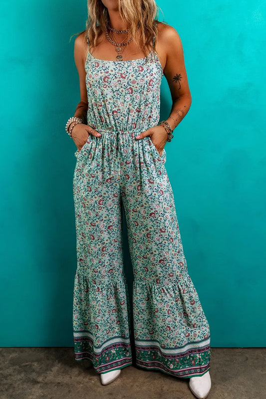 Bohemian Floral Jumpsuit Teal