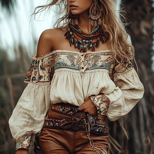 Bohemian Off Shoulder Top Beige