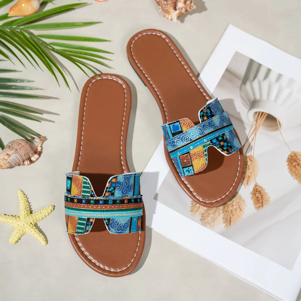Bohemian Print Flat Sandals Sky Blue