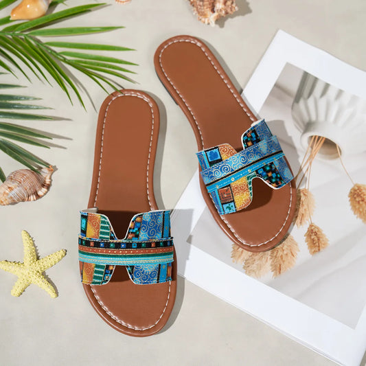 Bohemian Print Flat Sandals Sky Blue