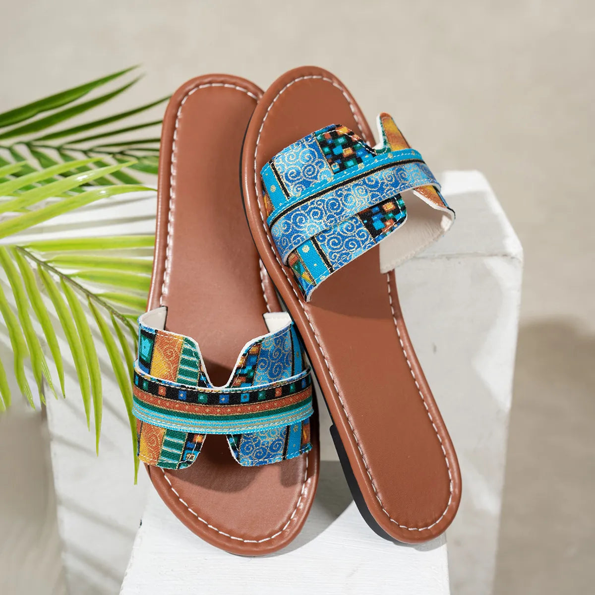 Bohemian Print Flat Sandals Sky Blue