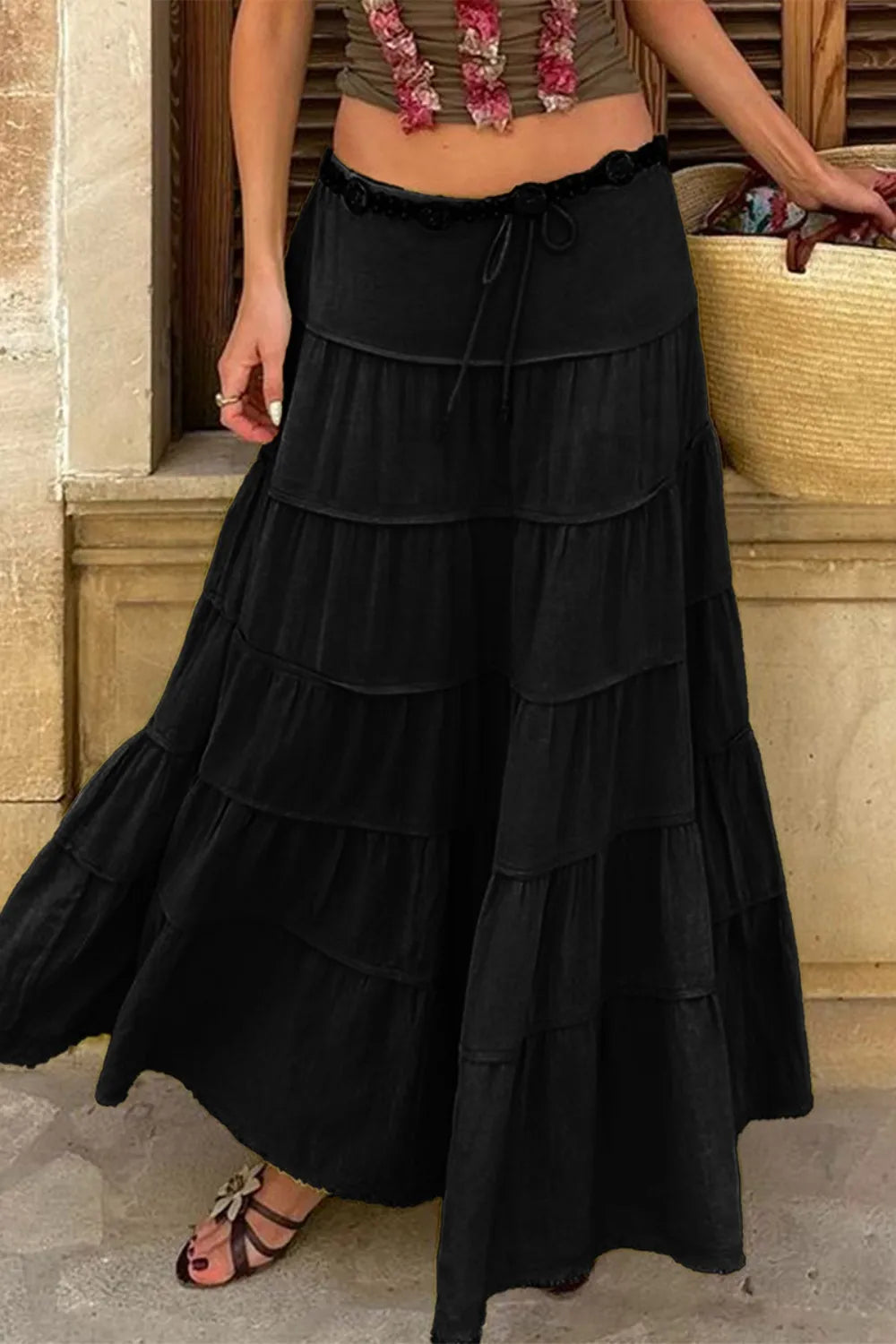 Bohemian Tiered Maxi Skirt Black