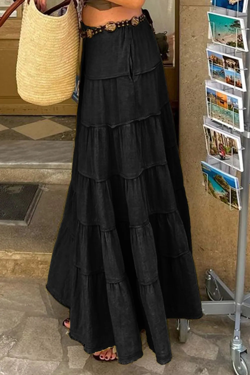 Bohemian Tiered Maxi Skirt Black