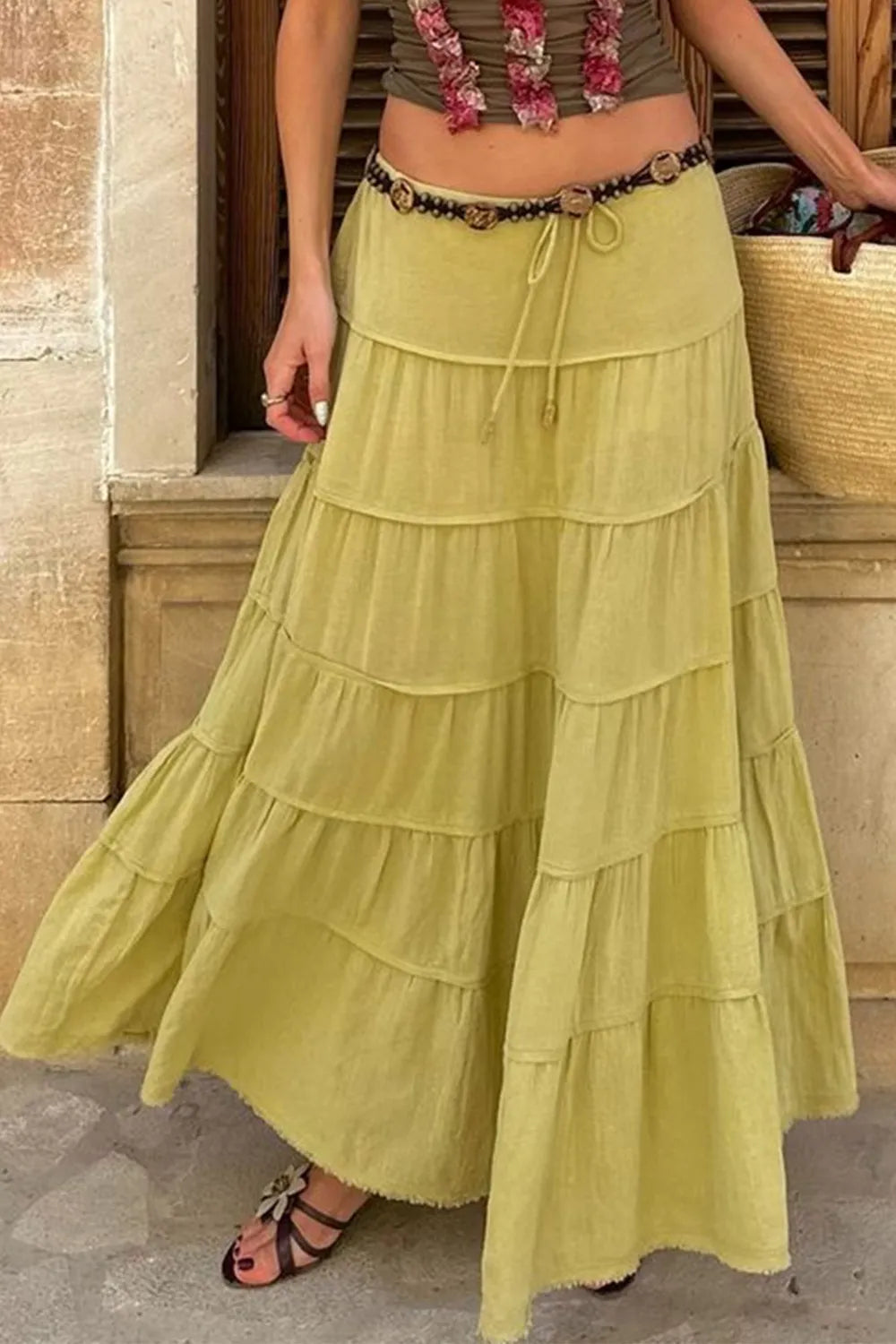 Bohemian Tiered Maxi Skirt Sage