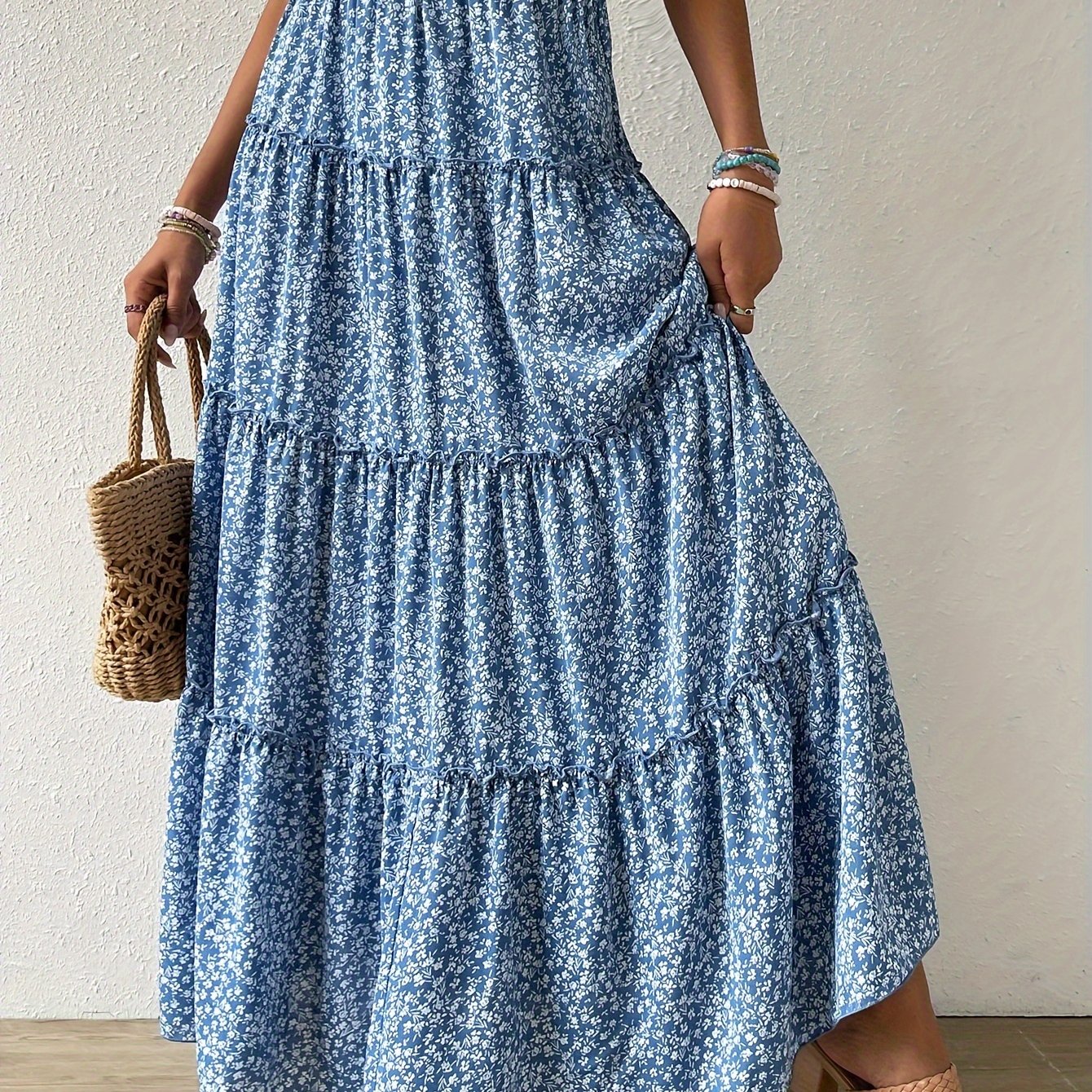 Boho Chic Ditsy Floral Maxi Skirt Blue