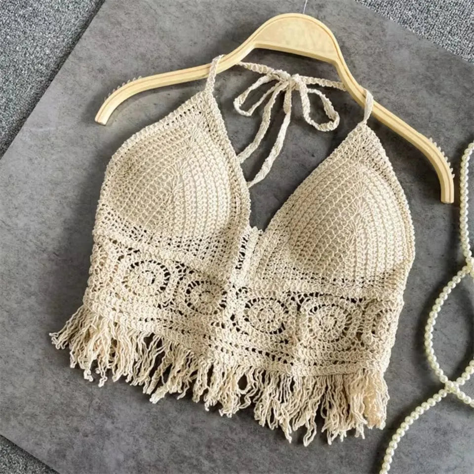 Boho Crochet Top Beige One Size
