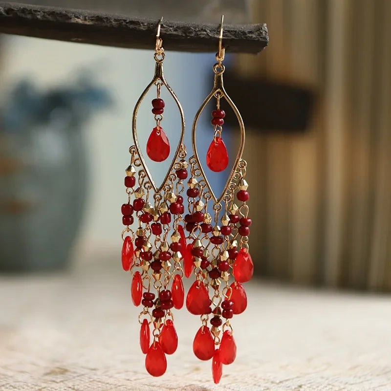 Boho Crystal Earrings Red