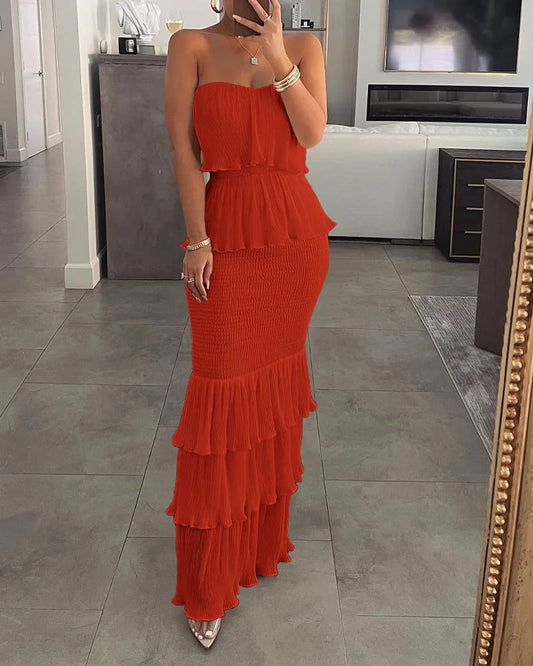 Red strapless boho dress with tiered ruffle skirt and textured fitted bodice