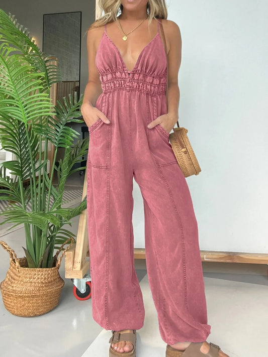 Boho Spaghetti Strap Jumpsuit Gray Pink