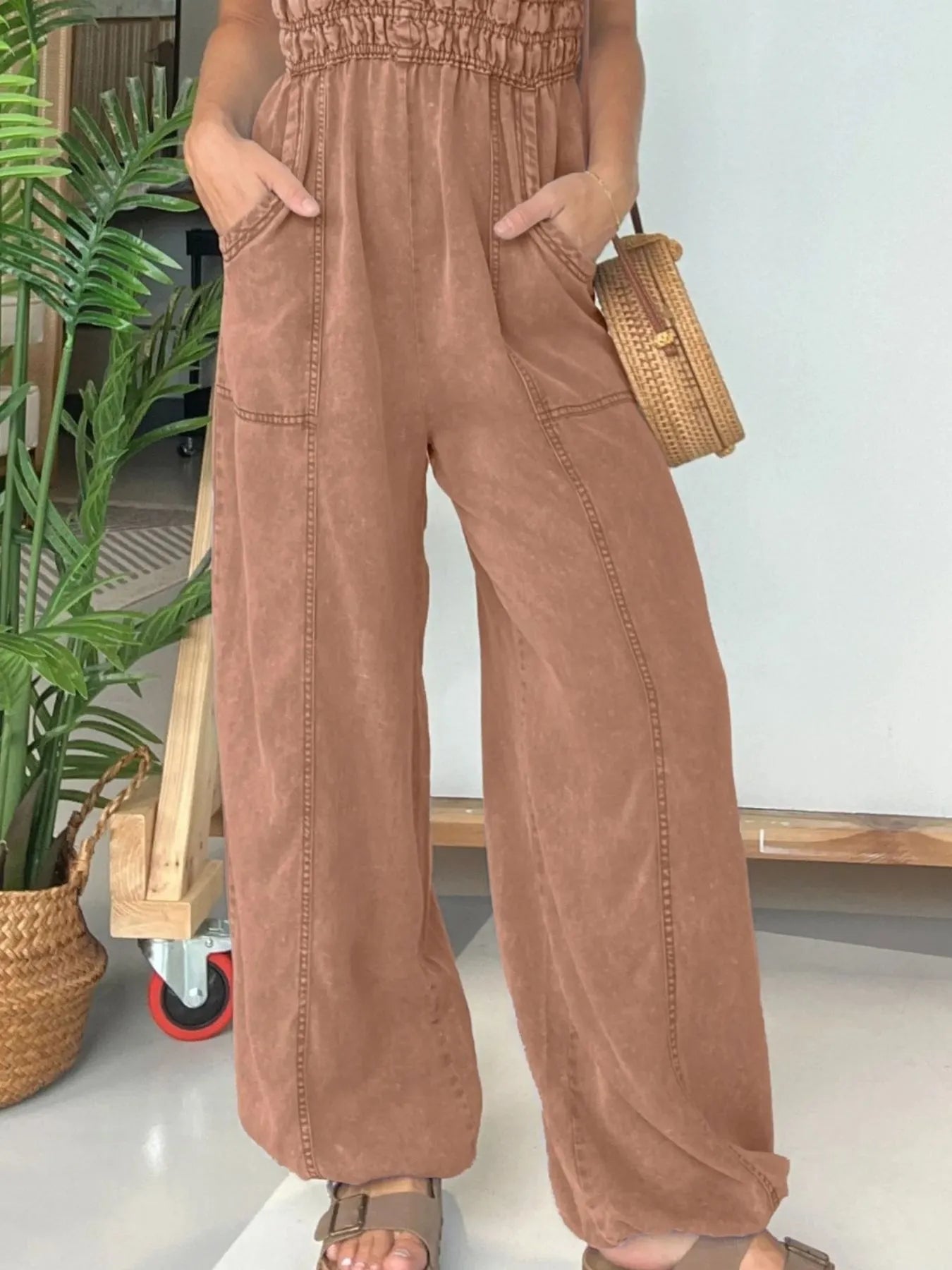 Boho Spaghetti Strap Jumpsuit Brown