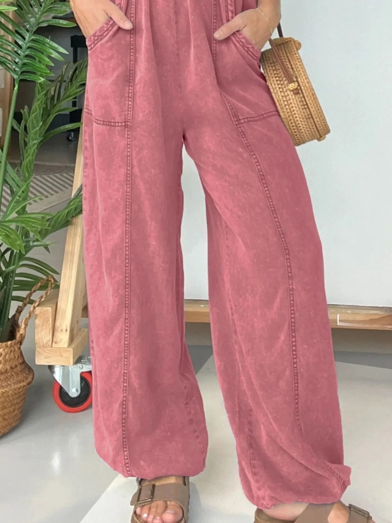 Boho Spaghetti Strap Jumpsuit Gray Pink