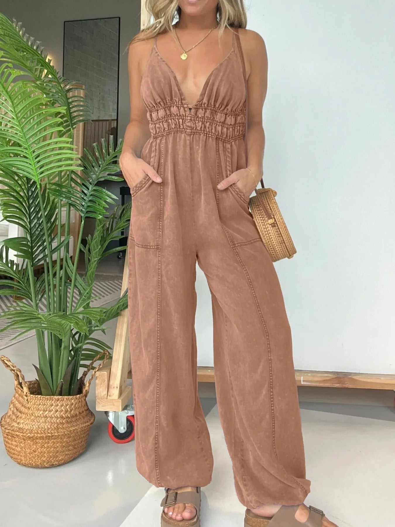Boho Spaghetti Strap Jumpsuit Brown