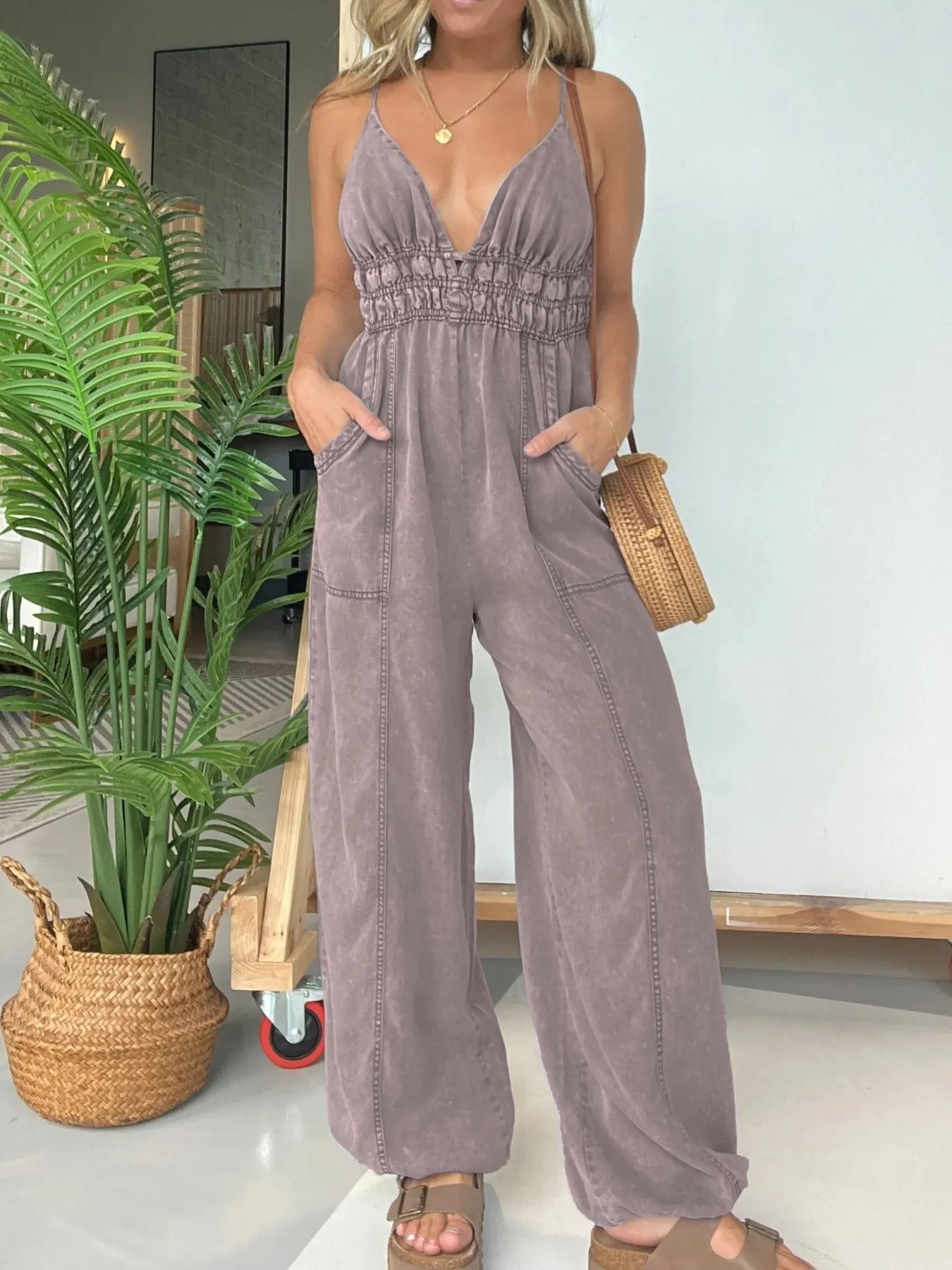Boho Spaghetti Strap Jumpsuit Gray Purple