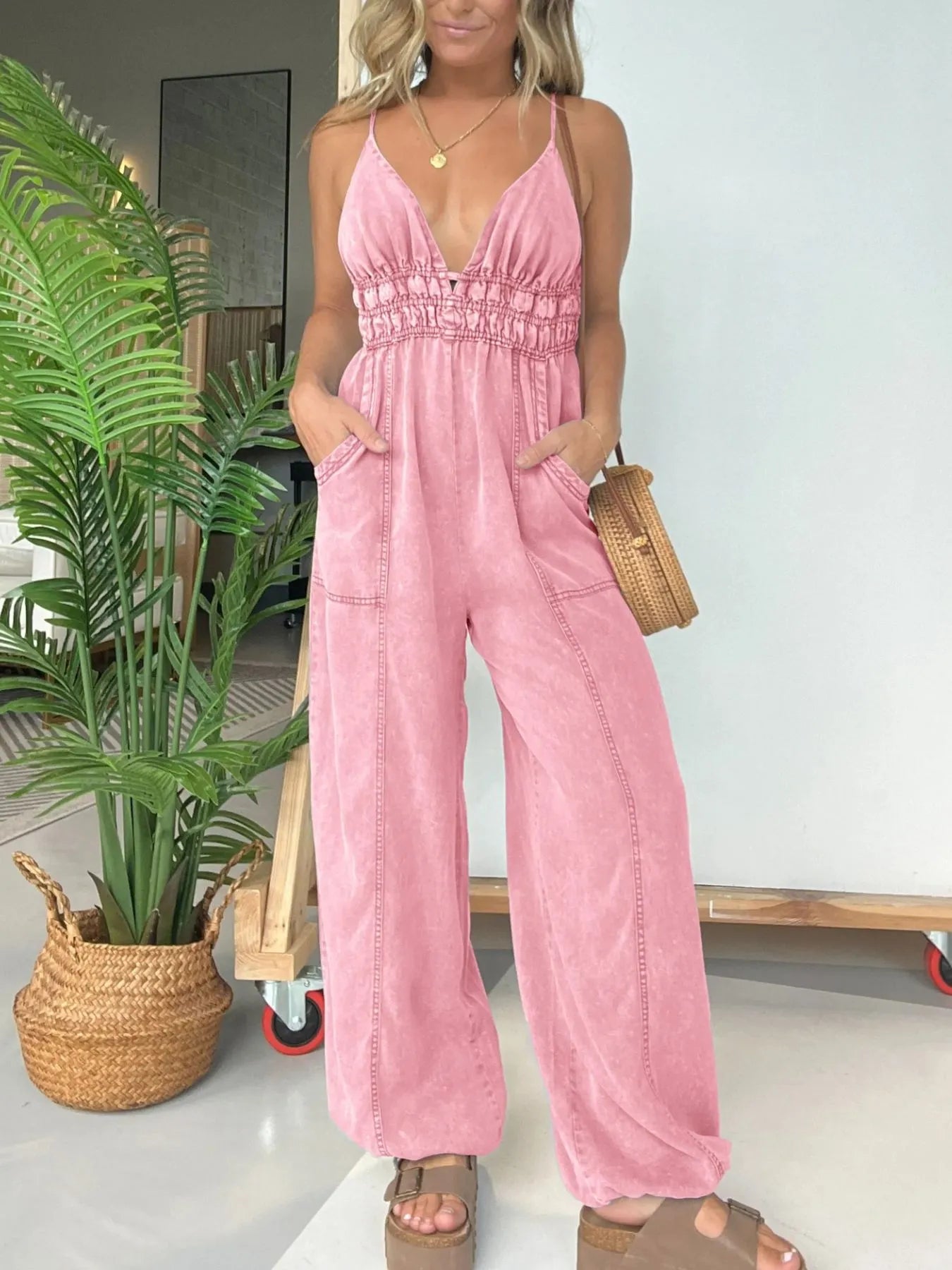 Boho Spaghetti Strap Jumpsuit Pink