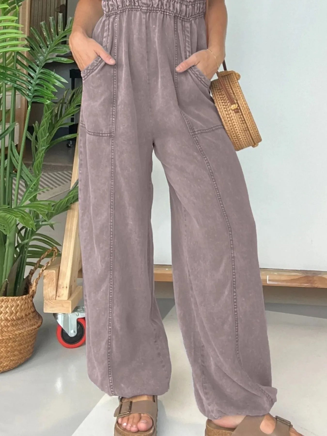 Boho Spaghetti Strap Jumpsuit Gray Purple