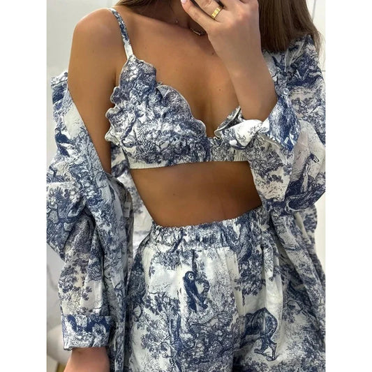 Blue printed beachwear set: ruffle bikini top with long sleeve kimono and matching skirt