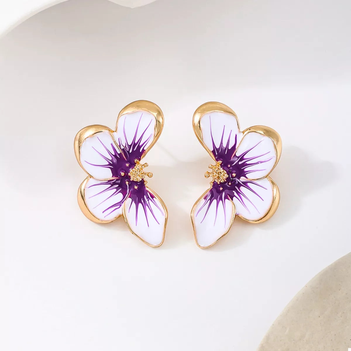 Gold-tone butterfly stud earrings, purple and white enamel with glittery gold center