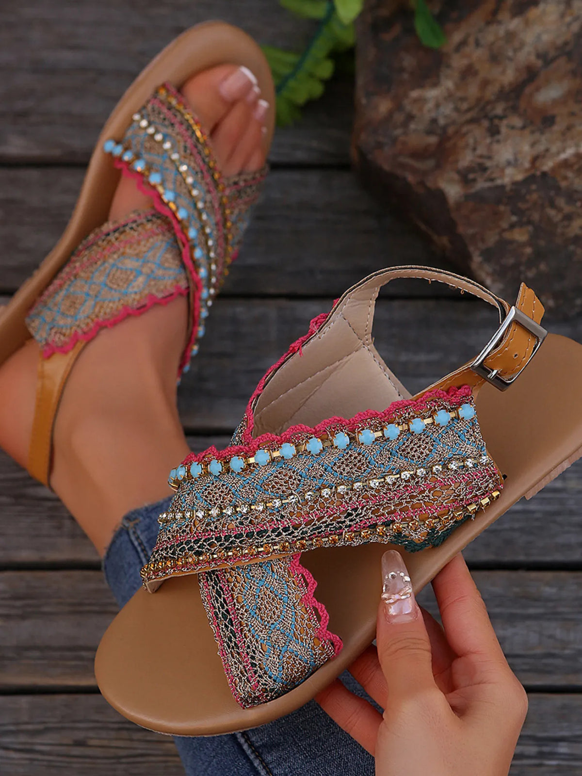 Multicolor beaded flat cross-strap sandals with ankle buckle