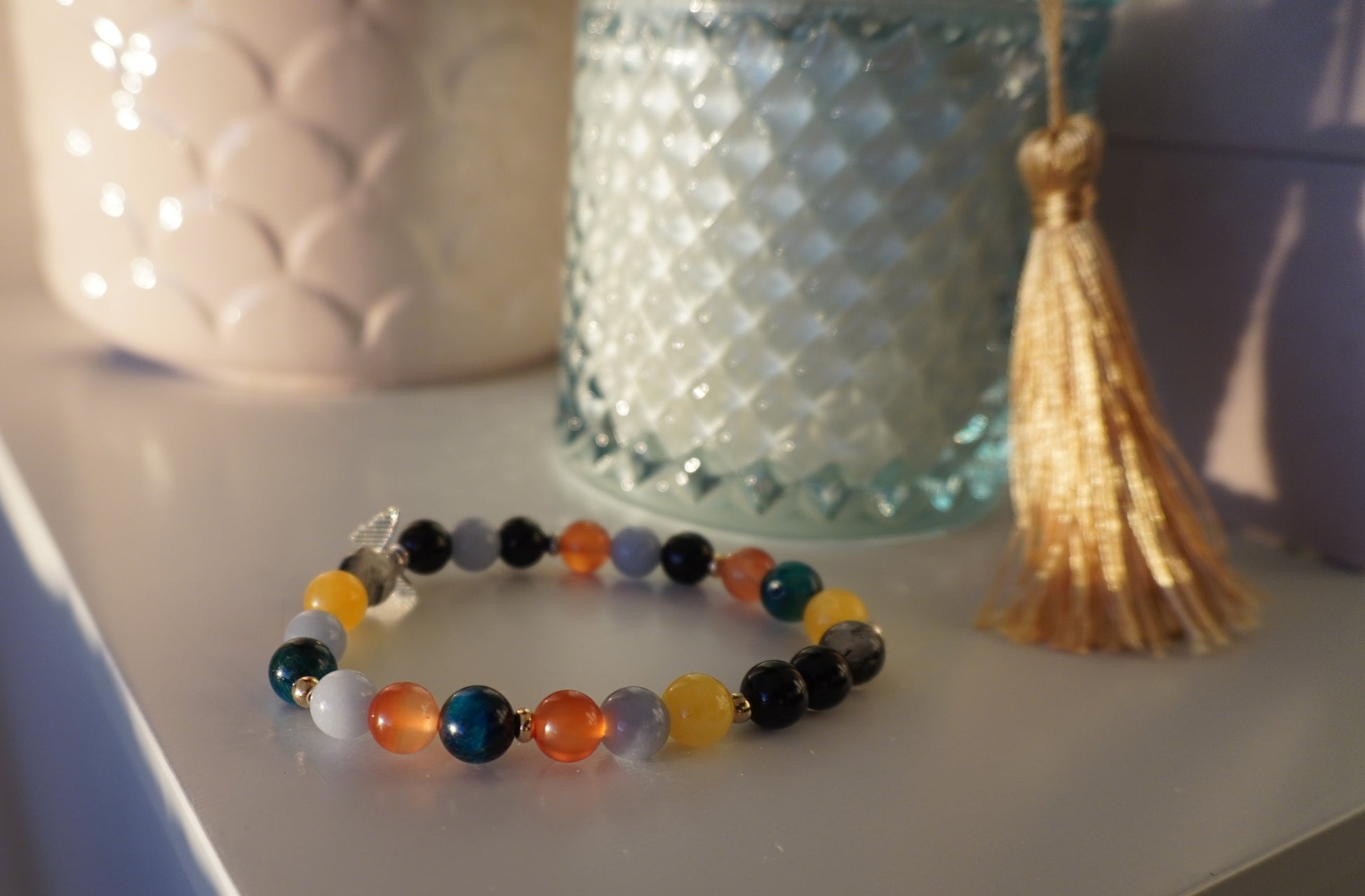 Gemstone Charm Bracelets! Protection & Happiness - Angelite - Yellow Agate - Black Onyx - Orange Agate - Tourmalated Quartz - Blue Tiger Eye