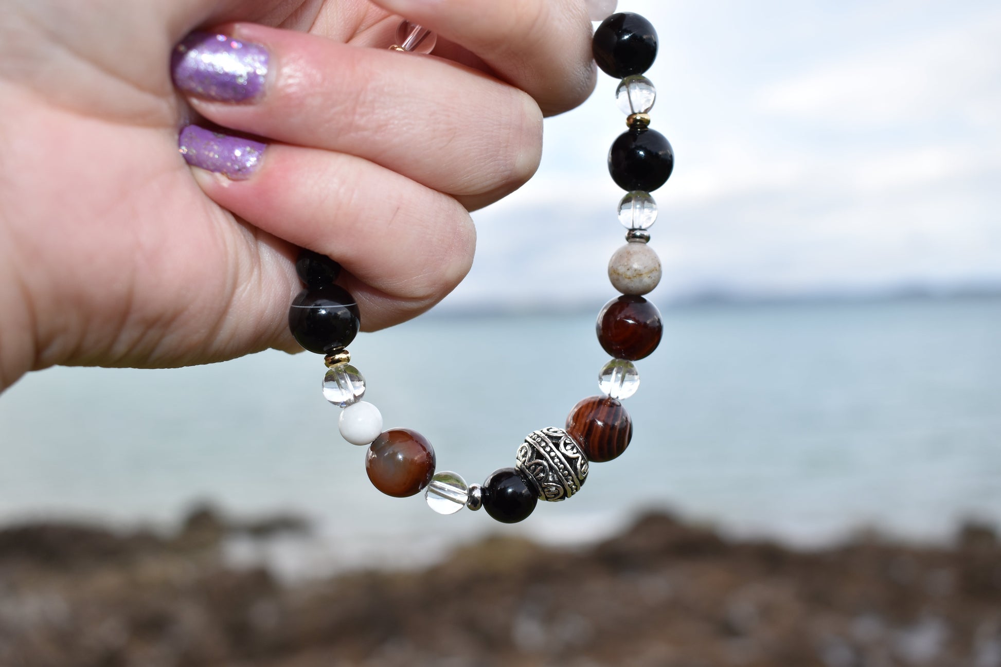 Gemstone Charm Bracelets! Love & Protection - Black and Orange Agate - Dyed Jade