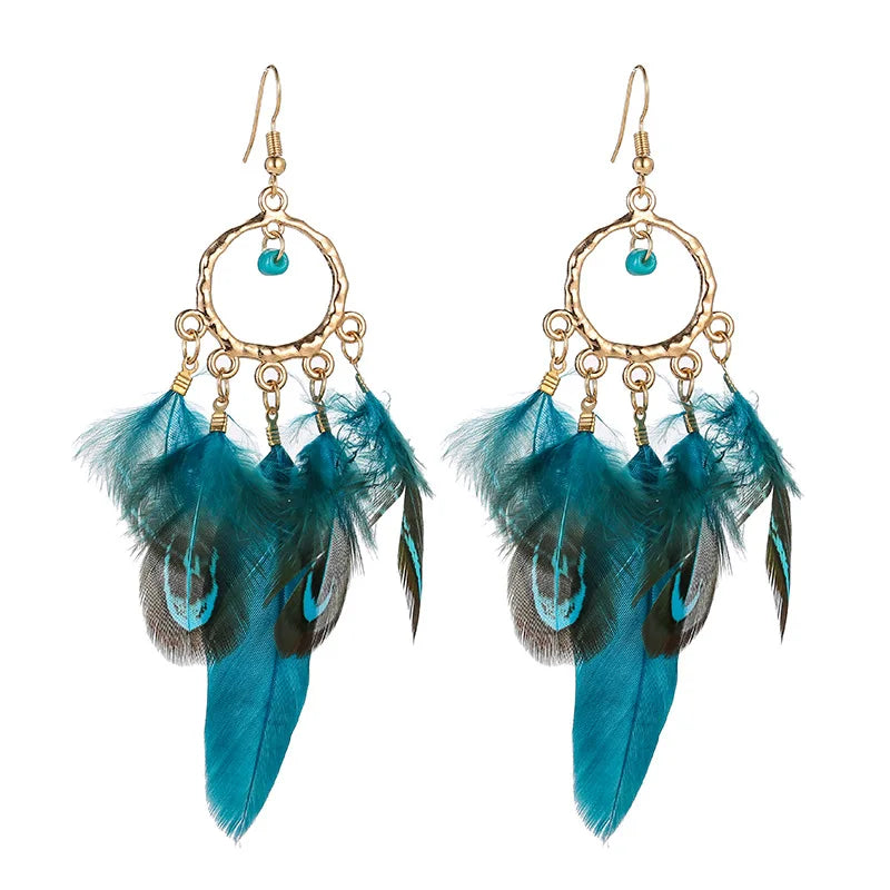 Feather Boho Earrings Peacock Blue