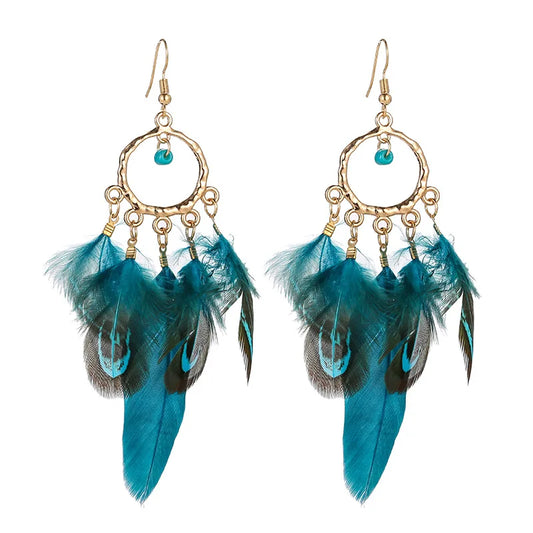 Feather Boho Earrings Peacock Blue