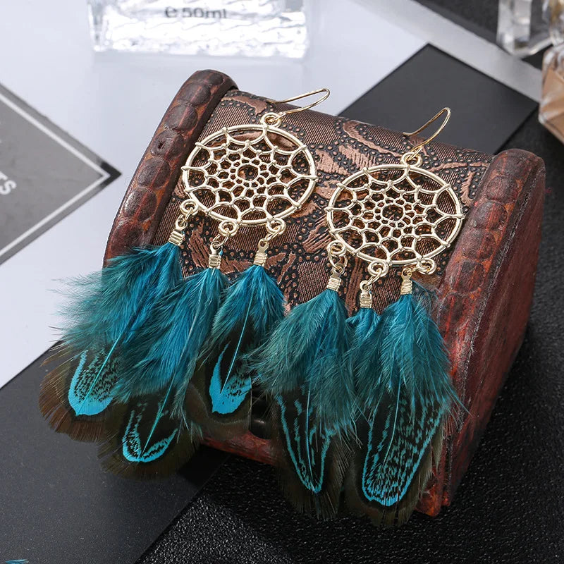 Feather Boho Earrings Peacock Blue 2