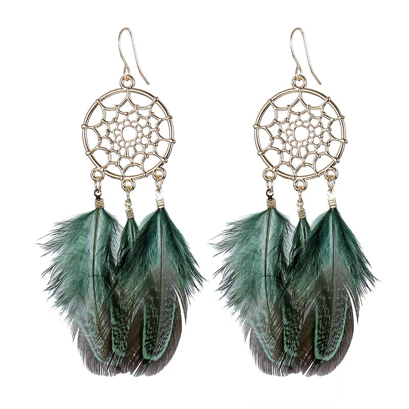 Feather Boho Earrings Green 2
