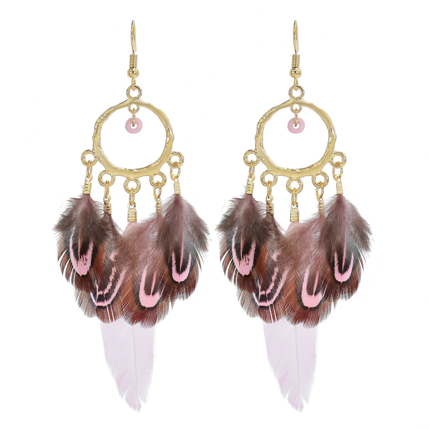 Feather Boho Earrings Pink and Brown 1