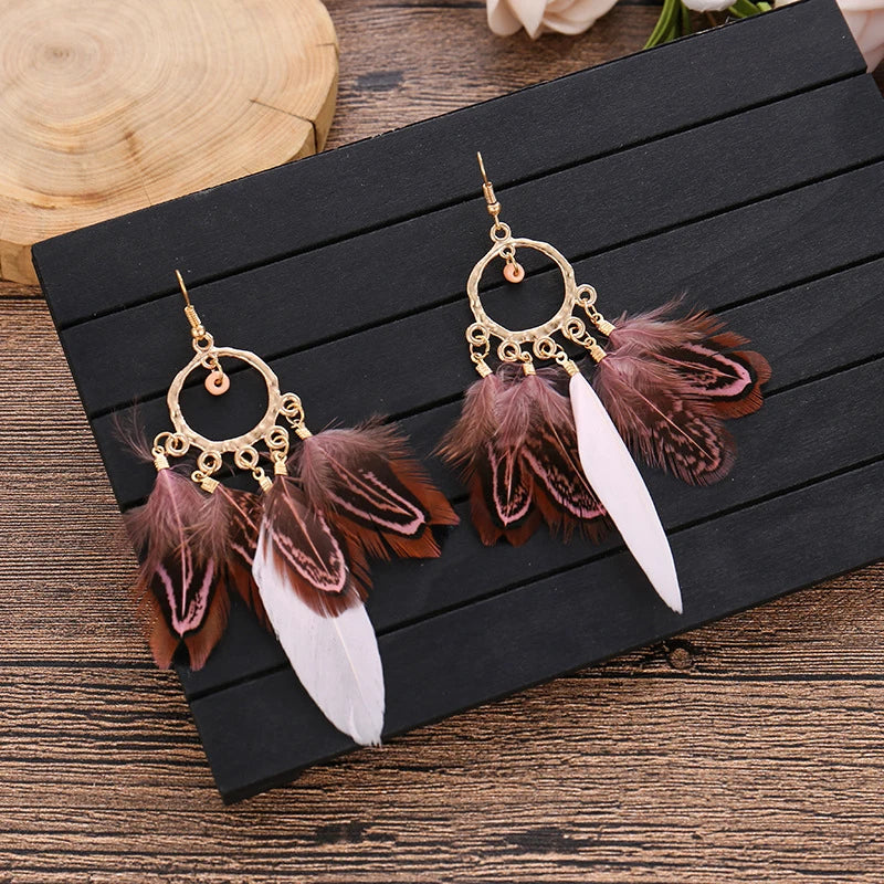 Feather Boho Earrings Pink and Brown 1