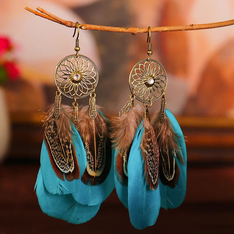 Feather Boho Earrings Peacock Blue 3