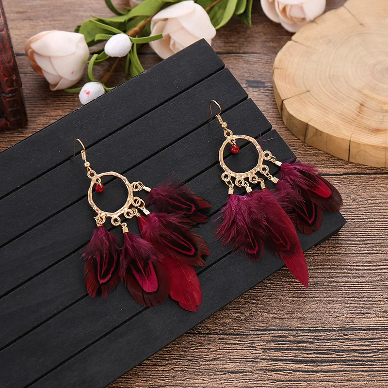 Feather Boho Earrings Red 1