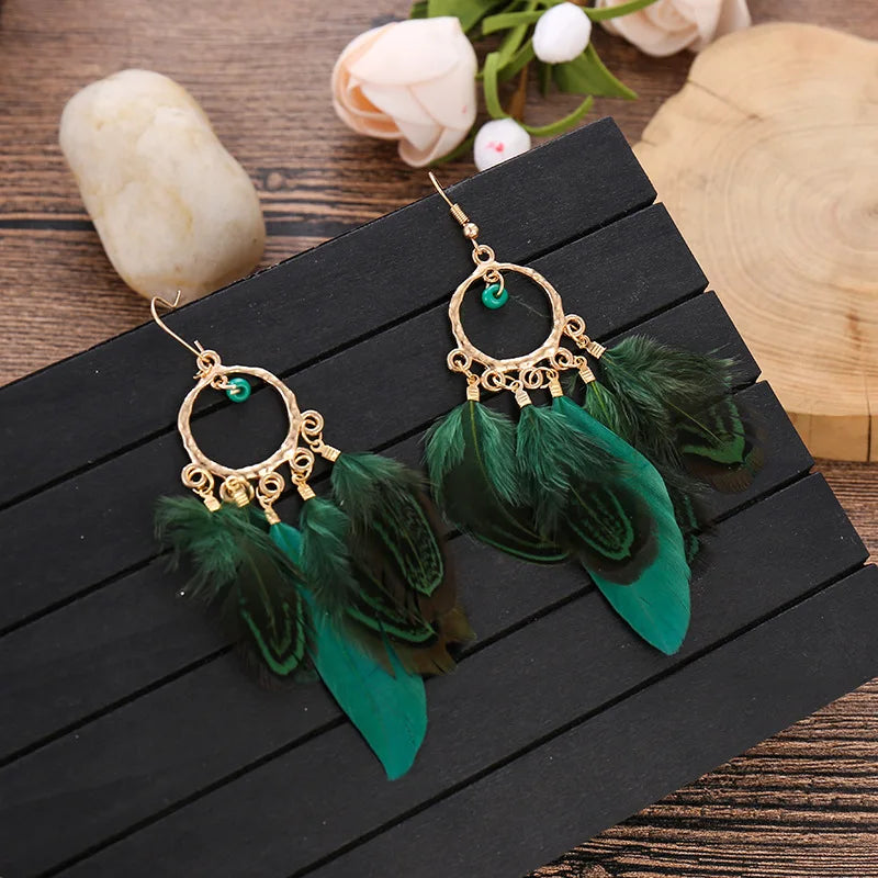 Feather Boho Earrings Green 1