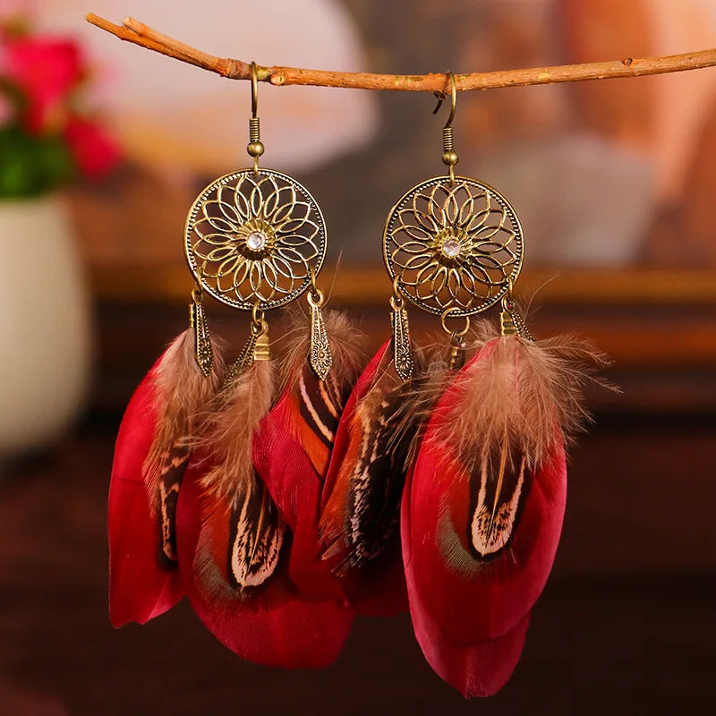 Feather Boho Earrings Red 3