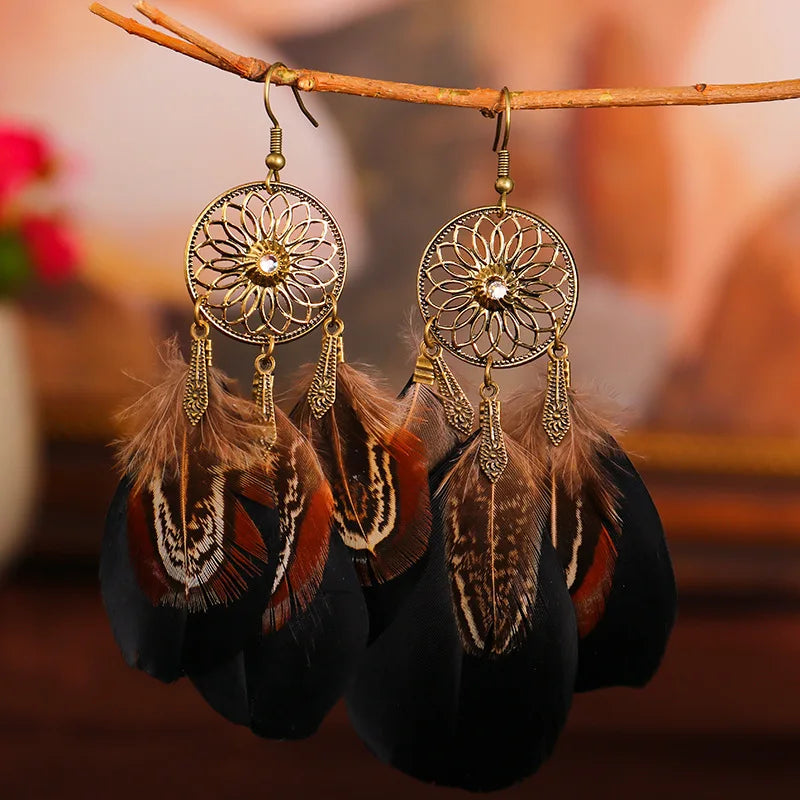 Feather Boho Earrings Black