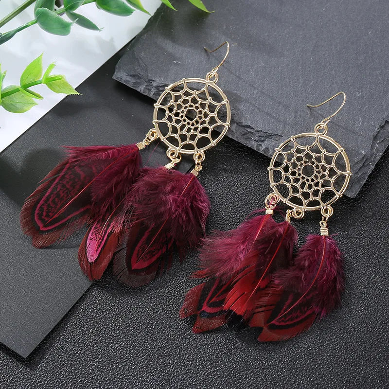 Feather Boho Earrings Wine Red