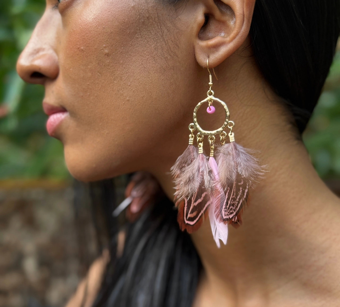 Feather Boho Earrings Pink and Brown