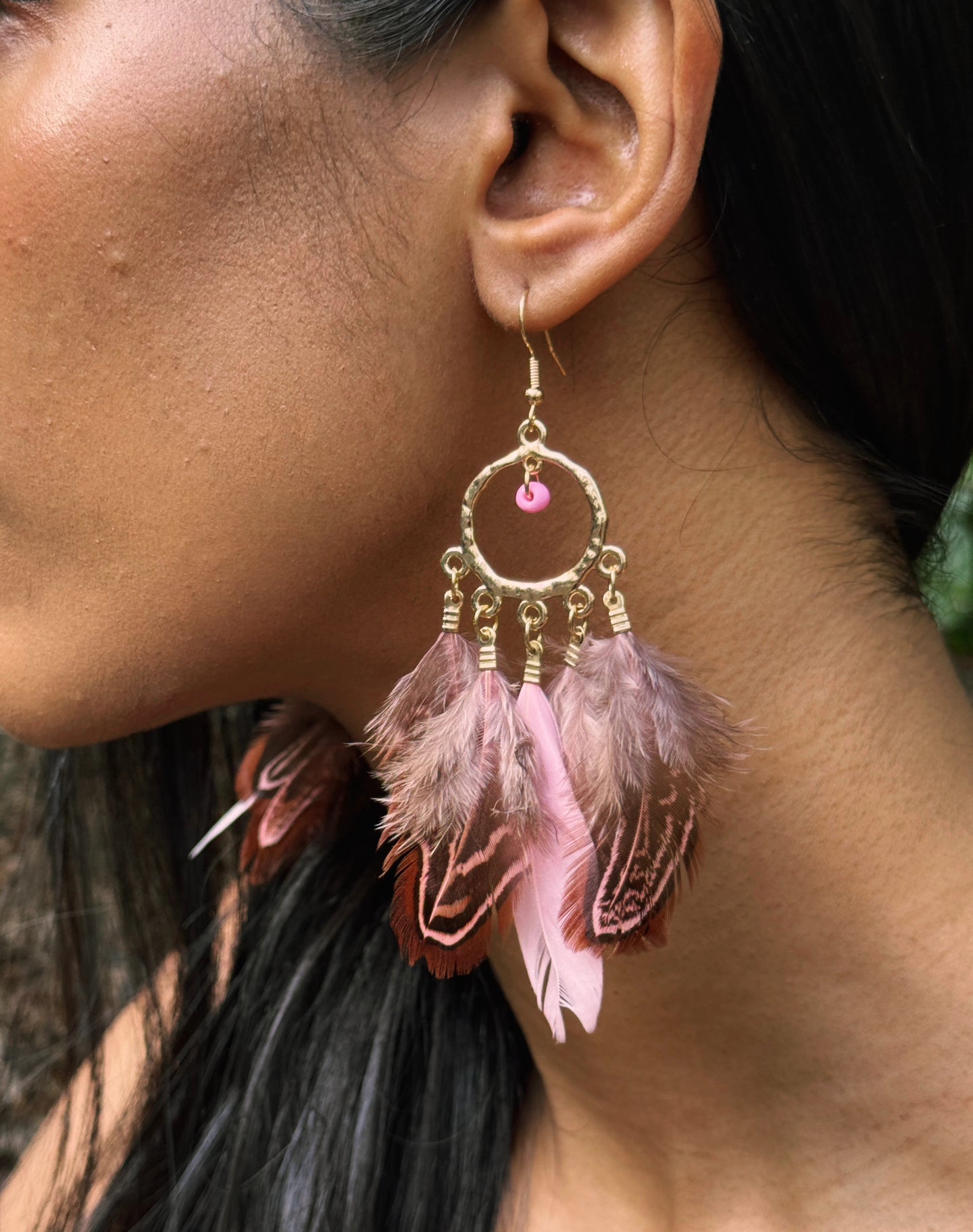 Feather Boho Earrings Pink and Brown