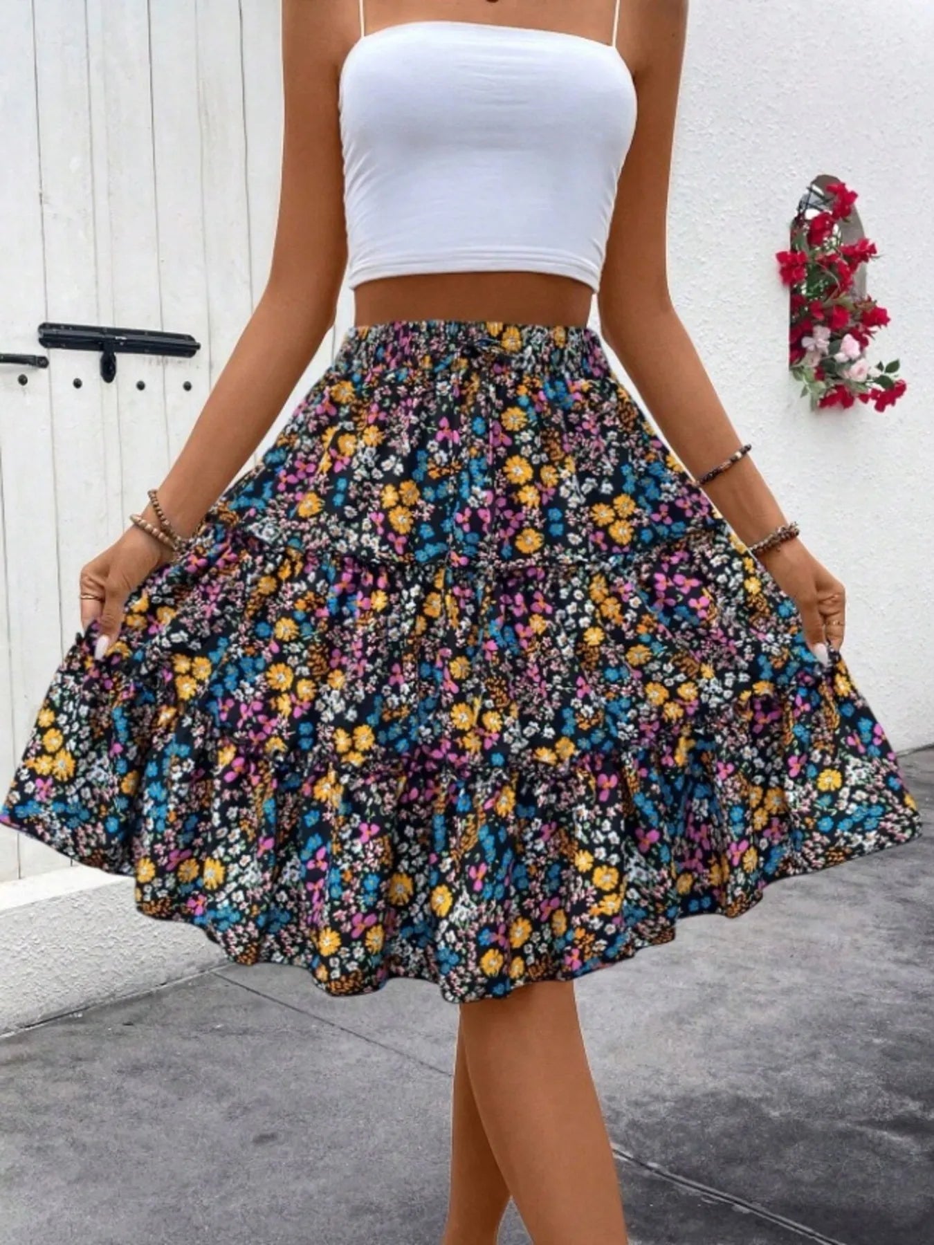 Floral Print Midi Skirt Color