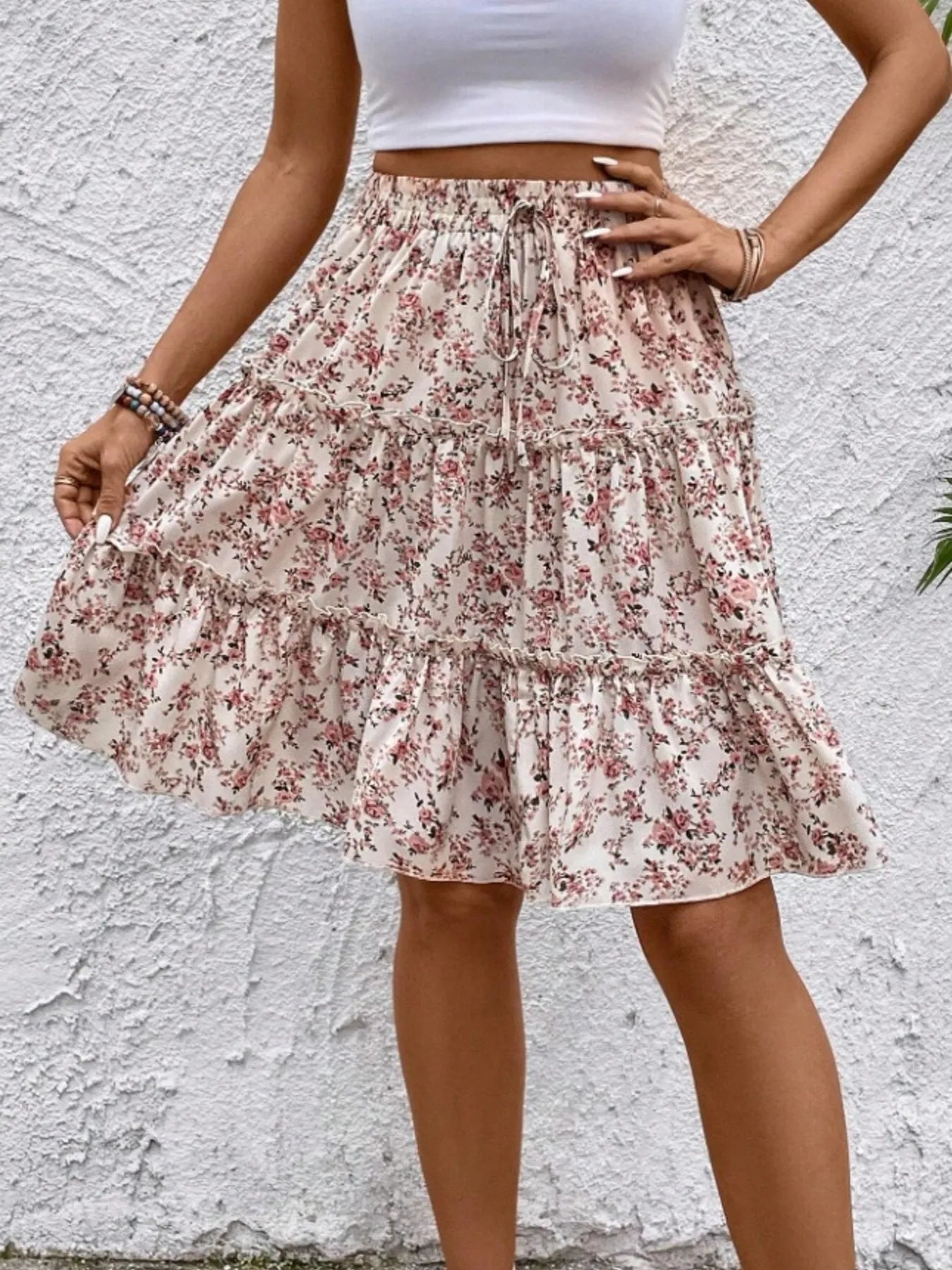 Floral Print Midi Skirt Apricot
