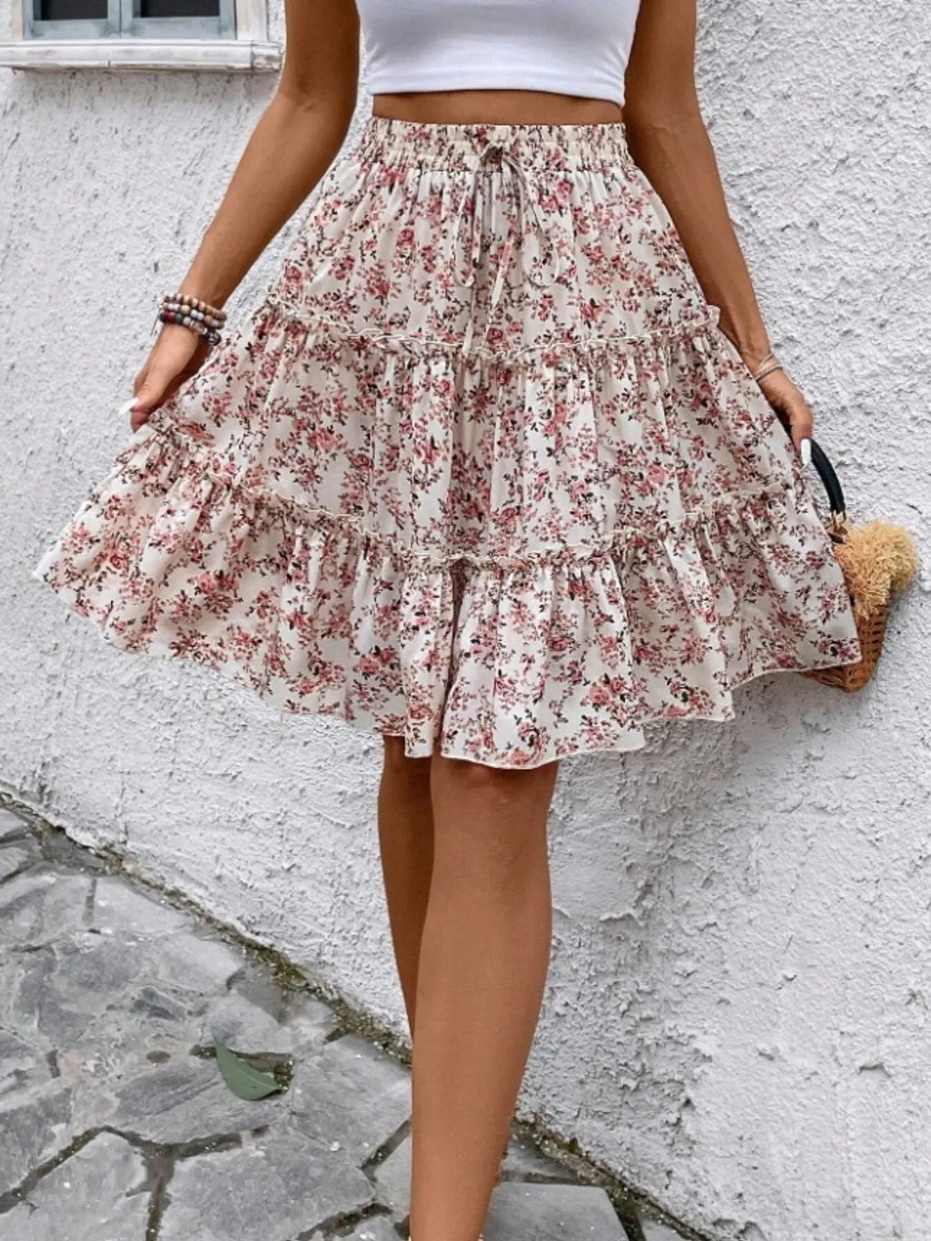 Floral Print Midi Skirt Apricot