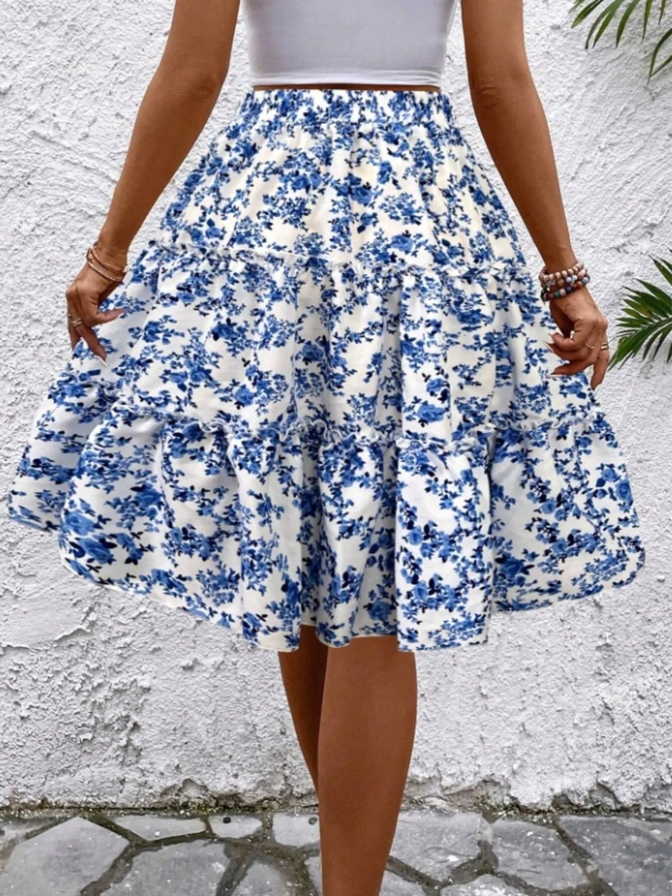 Floral Print Midi Skirt Sky Blue
