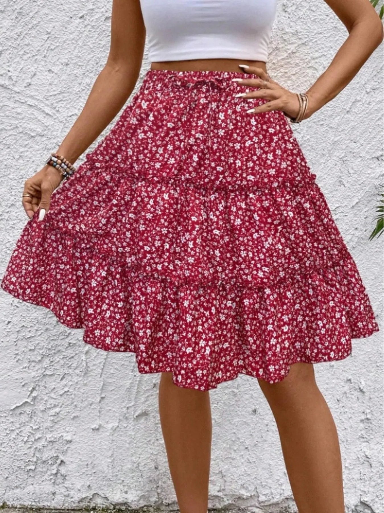 Floral Print Midi Skirt Red