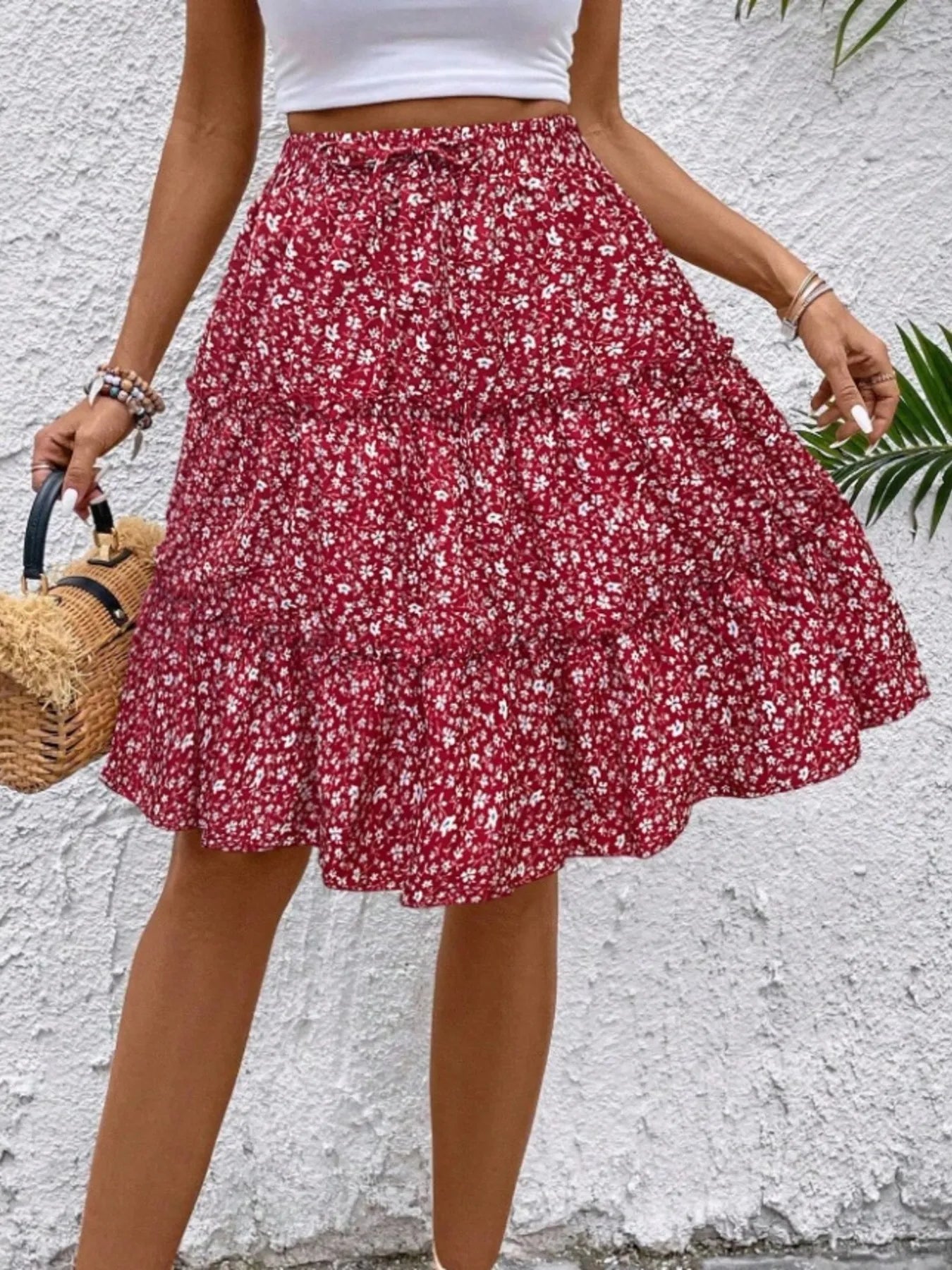 Floral Print Midi Skirt Red