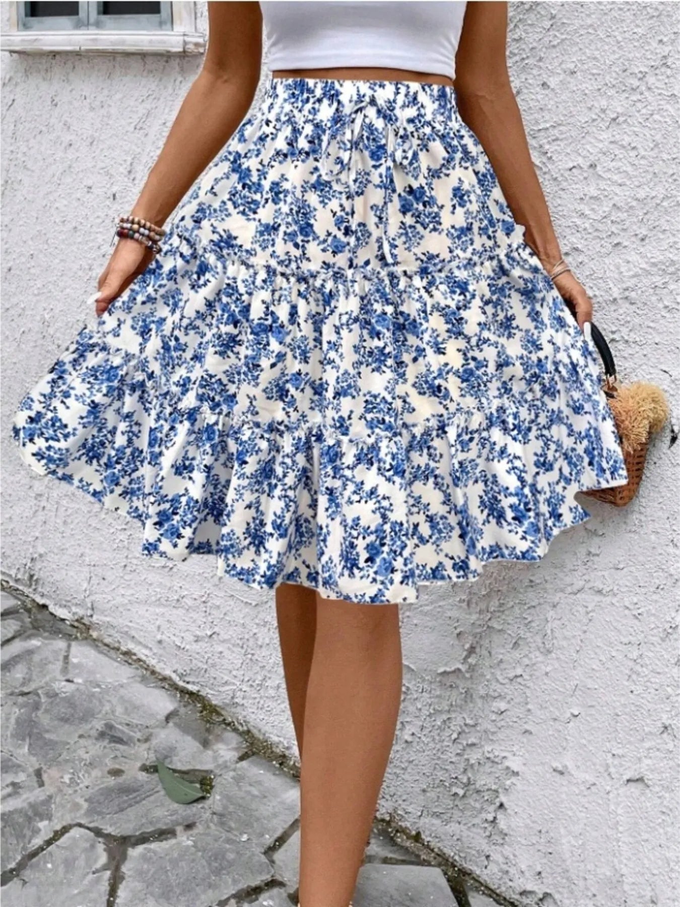 Floral Print Midi Skirt Sky Blue