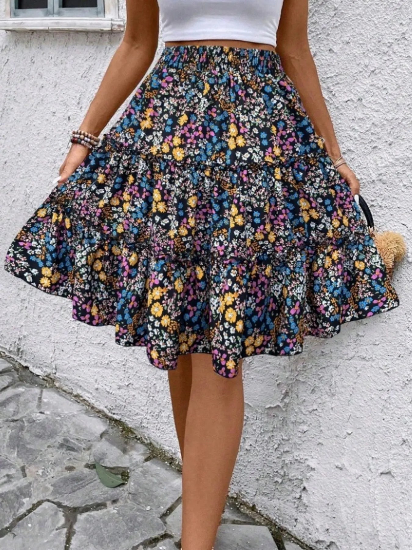 Floral Print Midi Skirt Color
