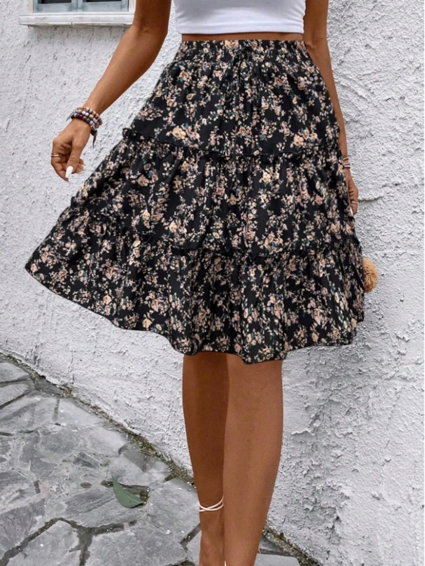 Floral Print Midi Skirt Black