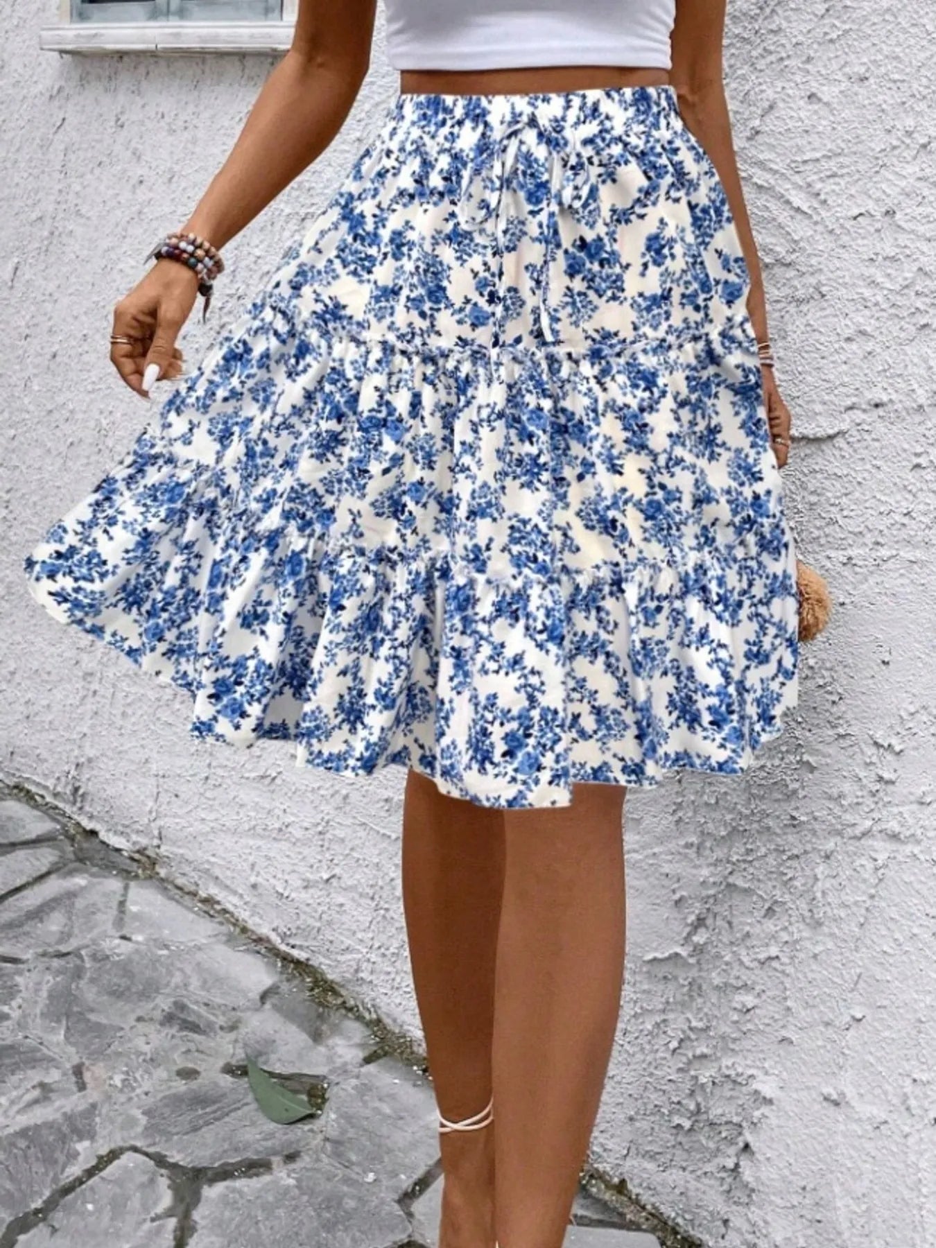 Floral Print Midi Skirt Sky Blue
