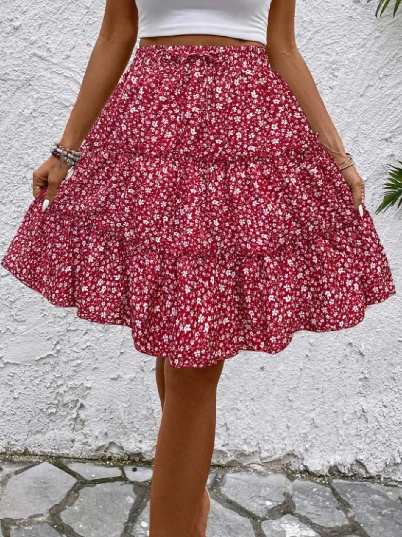 Floral Print Midi Skirt Red